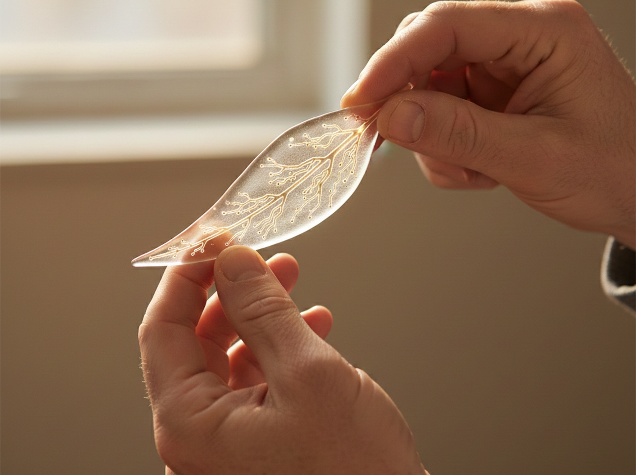 Manos de Ángel Monroy García sosteniendo una hoja translúcida con circuitos orgánicos